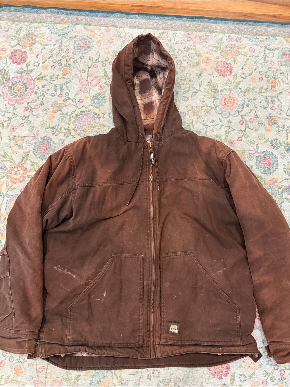 Berne Men's Brown Hooded Performance Work Jacket with Flannel Lining Coat